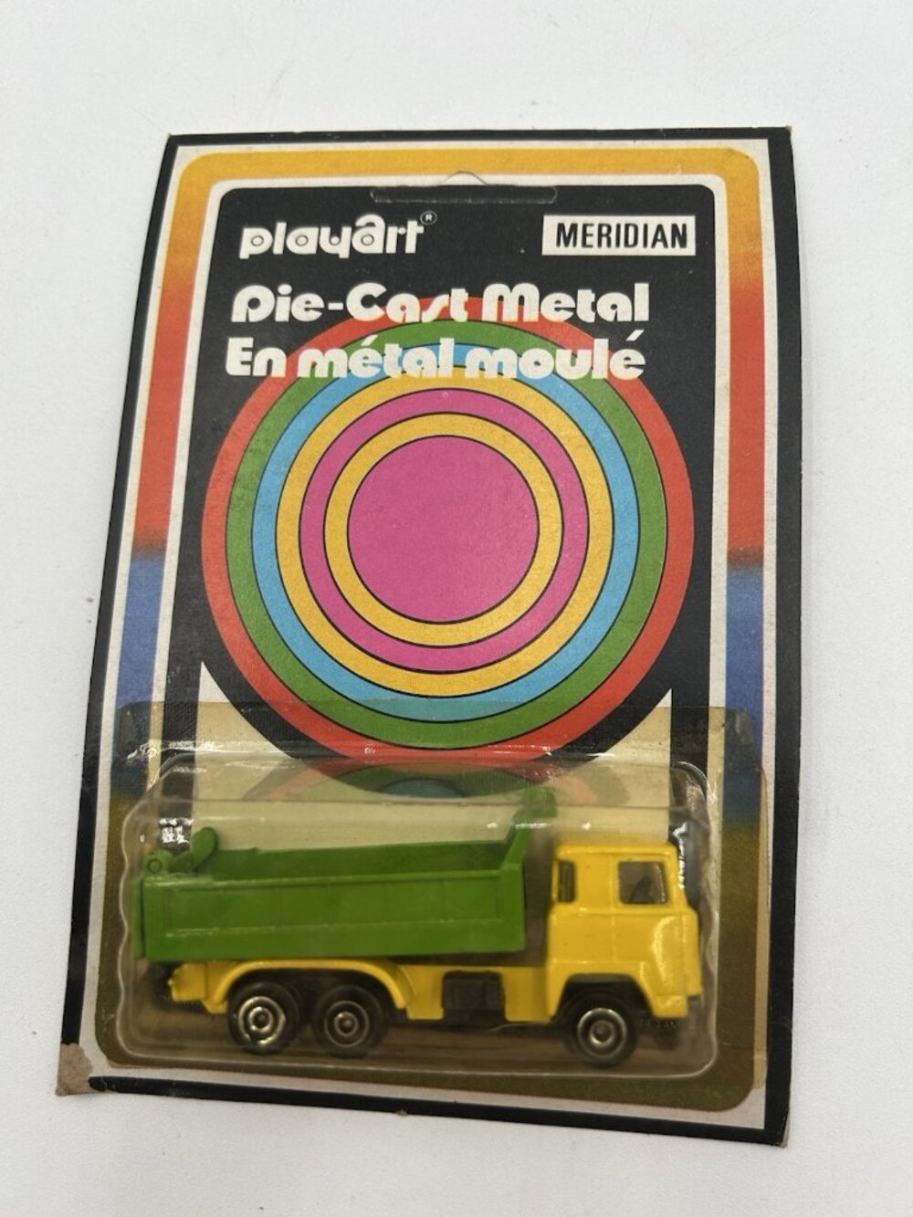 PlayArt Meridian Dump Truck Die Cast Metal Yellow On Card UnPunched Hong Kong
